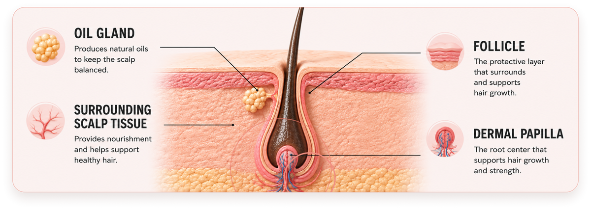 Cross-section of the scalp and hair follicle
